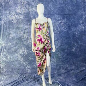 Cider Illusion Ruched Satin Floral Midi Dress Sz M